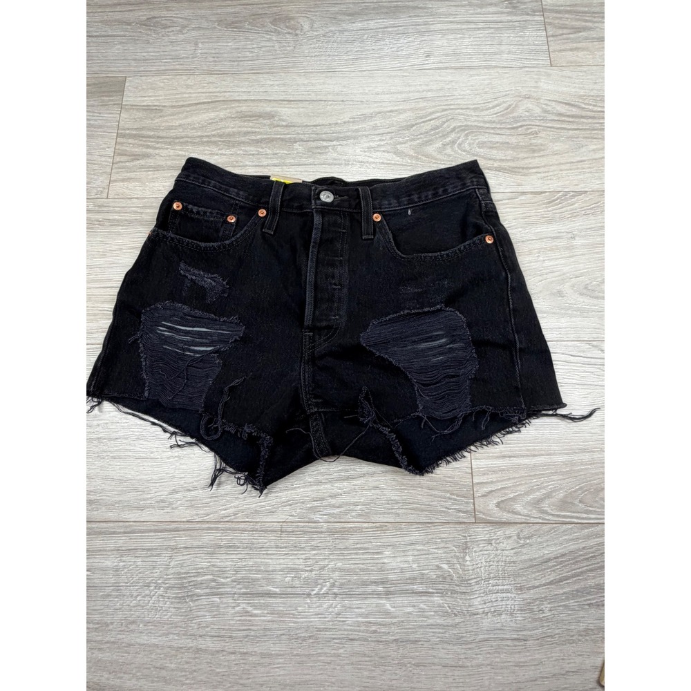 Levis 501 Original High Rise Distressed Denim Shorts Black W28 Frayed Hem NEW